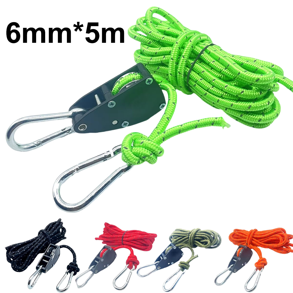 6Mm Camping Reflective Tent Tie down Rope Tightener Fastening Wind Rope Buckle Pulley Ratchet Awning Rope Hook